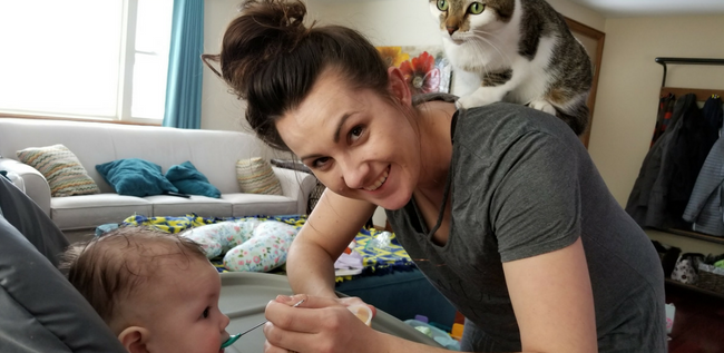 baby, woman, and cat